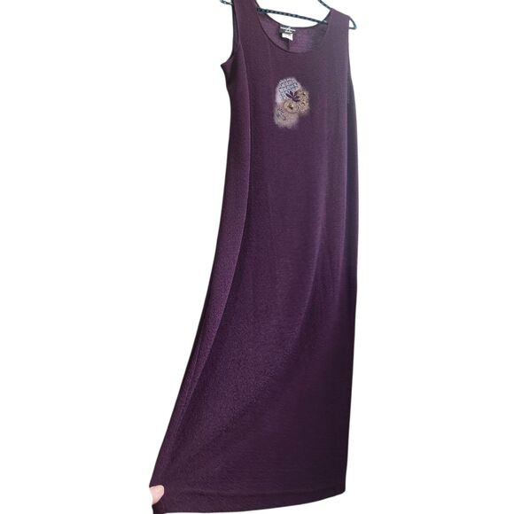 VTG Positive Attitude Plum Maxi Sheath Dress-Embellished Front-Pebbled-Artsy-18 - Picture 1 of 10